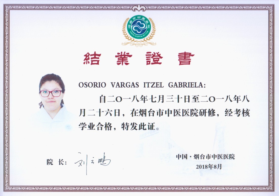 Itzel Osorio - diploma del hospital en china
